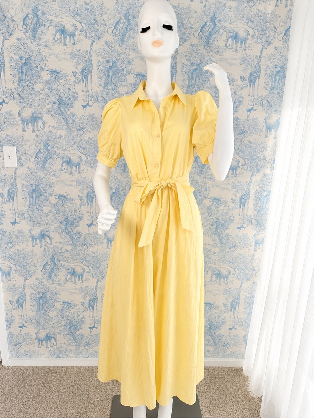 Yellow Puff Sleeve Shirt Dress Midi Tie Waist Cottagecore Coastal Preppy